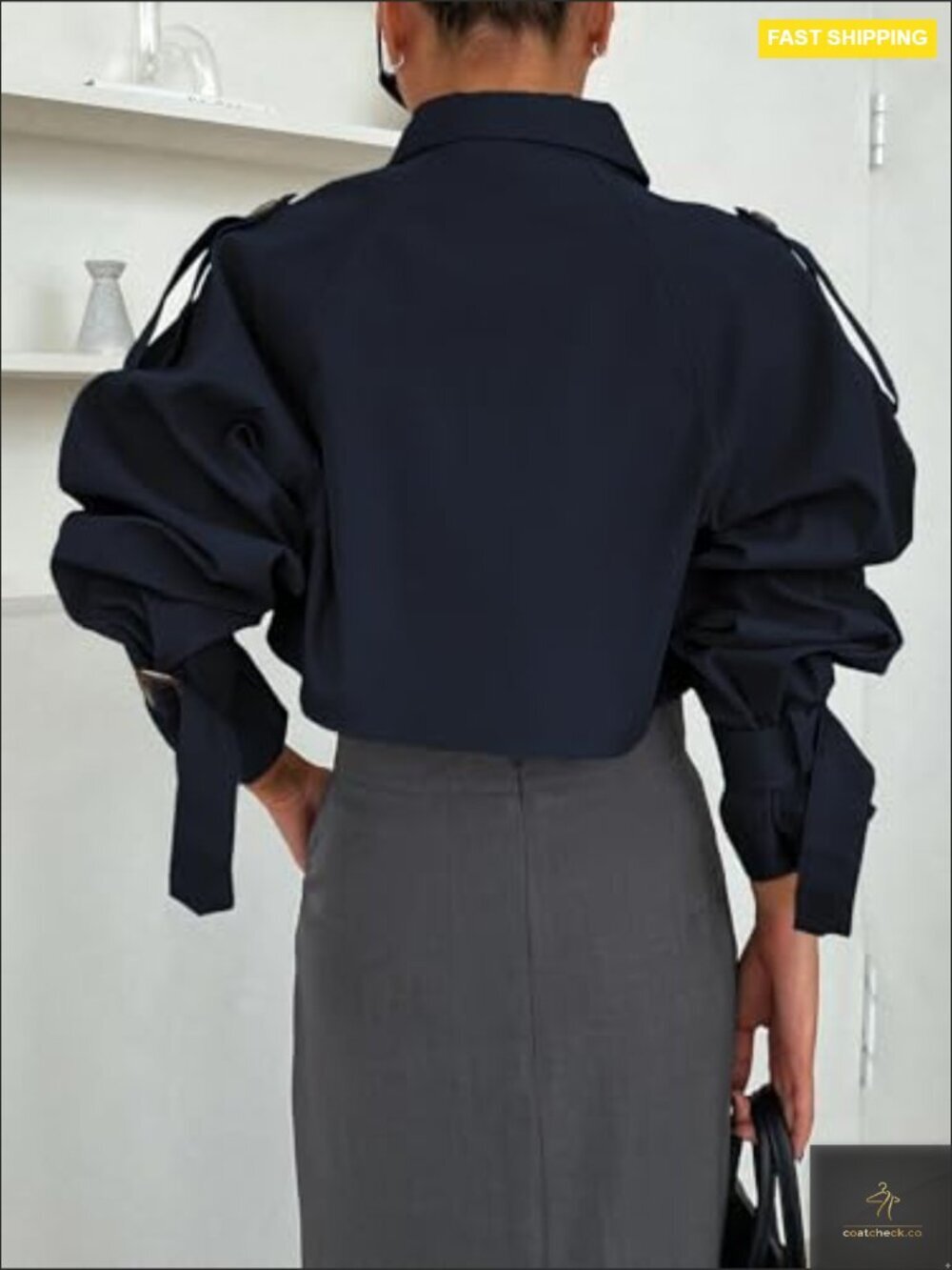 Cropped Trench Coat Y2K Chic Classic Double-Breasted Lapel Casual Outerwear - Picture 2 of 7